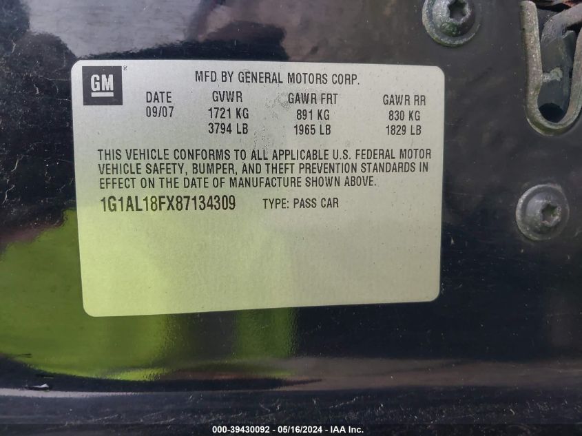 2008 Chevrolet Cobalt Lt VIN: 1G1AL18FX87134309 Lot: 39430092