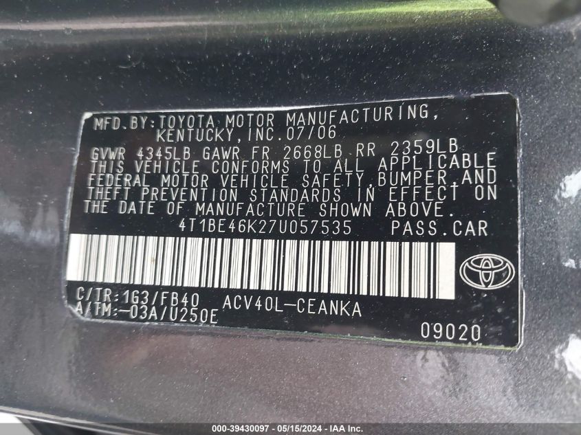 2007 Toyota Camry Le VIN: 4T1BE46K27U057535 Lot: 39430097