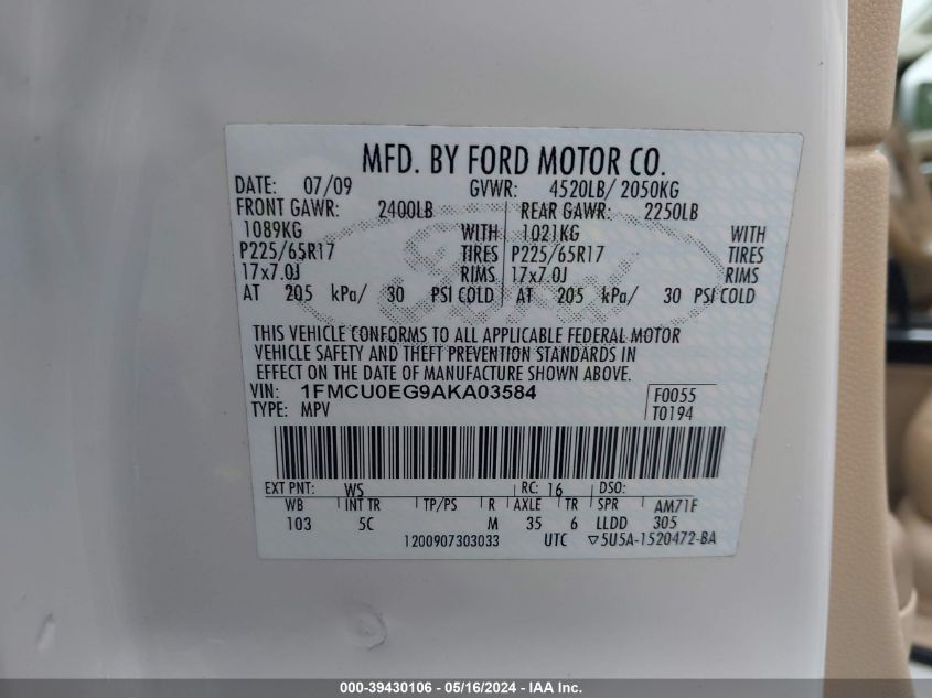 2010 Ford Escape Limited VIN: 1FMCU0EG9AKA03584 Lot: 39430106