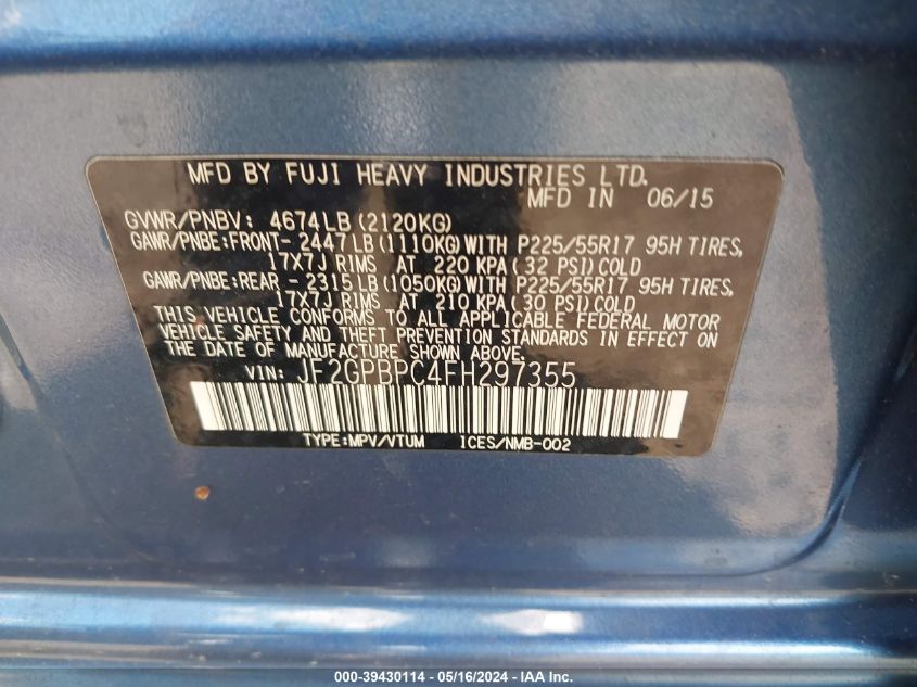 2015 Subaru Xv Crosstrek Hybrid Touring VIN: JF2GPBPC4FH297355 Lot: 39430114
