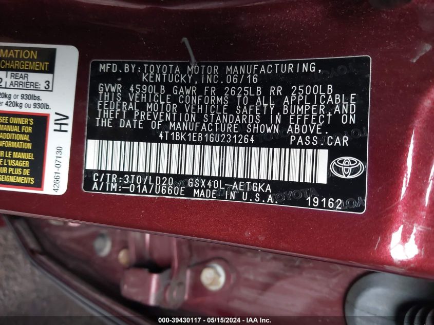 2016 Toyota Avalon Xle VIN: 4T1BK1EB1GU231264 Lot: 39430117