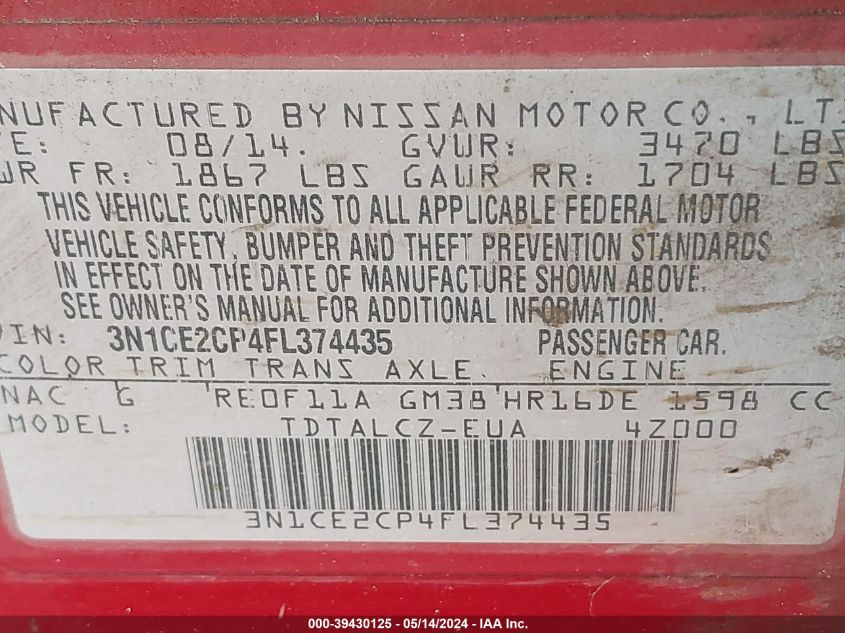 2015 Nissan Versa Note S Plus VIN: 3N1CE2CP4FL374435 Lot: 39430125