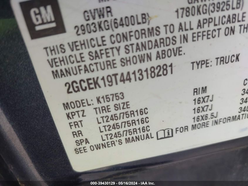 2004 Chevrolet Silverado 1500 Ls VIN: 2GCEK19T441318281 Lot: 39430129