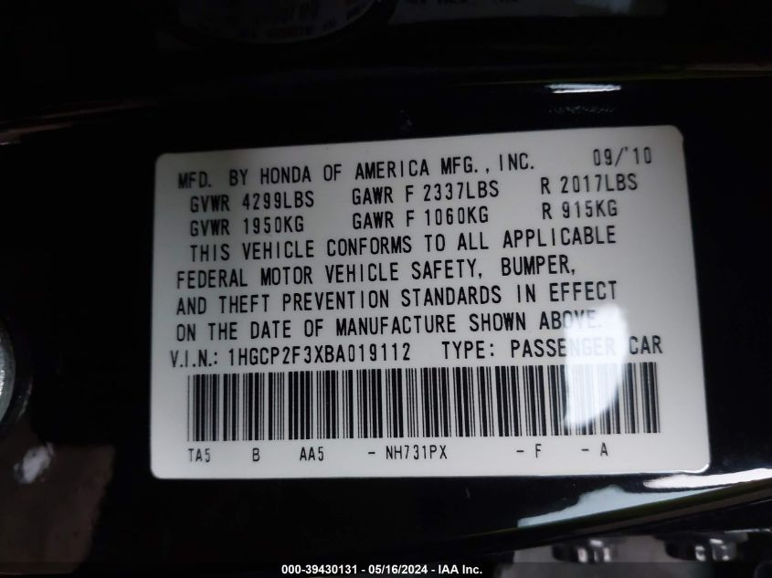 2011 Honda Accord 2.4 Lx VIN: 1HGCP2F3XBA019112 Lot: 39430131