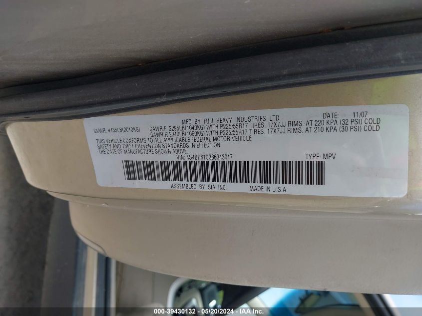 2008 Subaru Outback 2.5I VIN: 4S4BP61C386343017 Lot: 39430132