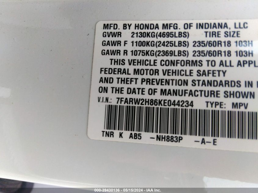 2019 Honda Cr-V Ex-L VIN: 7FARW2H86KE044234 Lot: 39430136