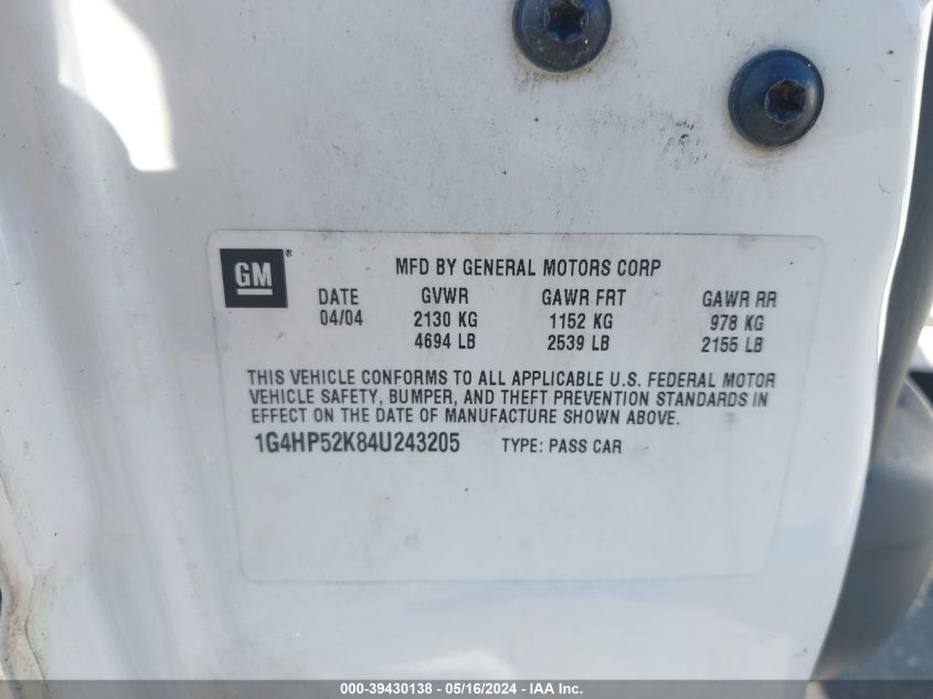 2004 Buick Lesabre Custom VIN: 1G4HP52K84U243205 Lot: 39430138