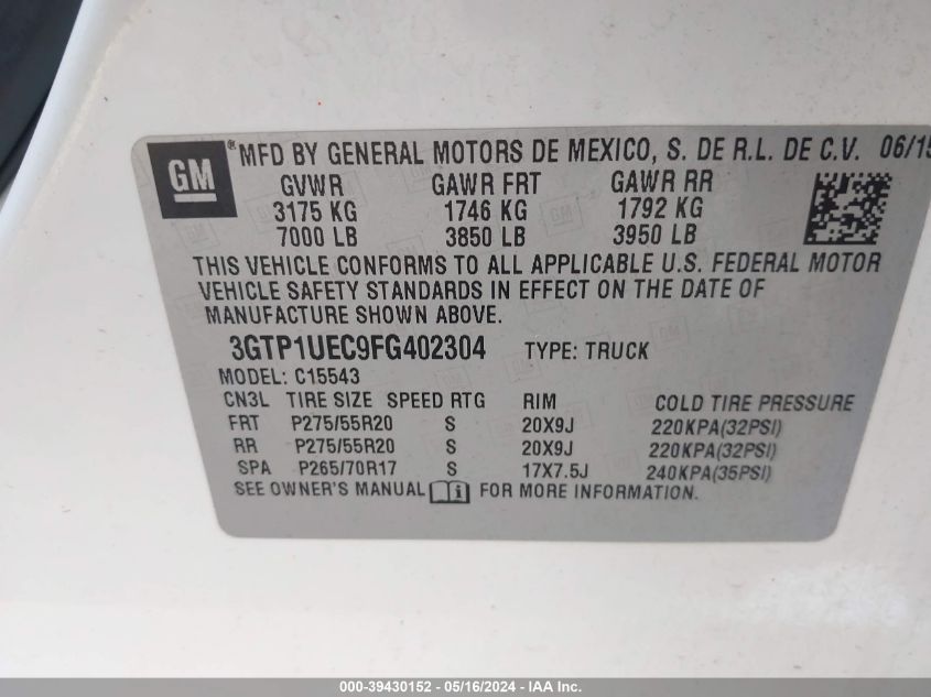2015 GMC Sierra 1500 Sle VIN: 3GTP1UEC9FG402304 Lot: 39430152
