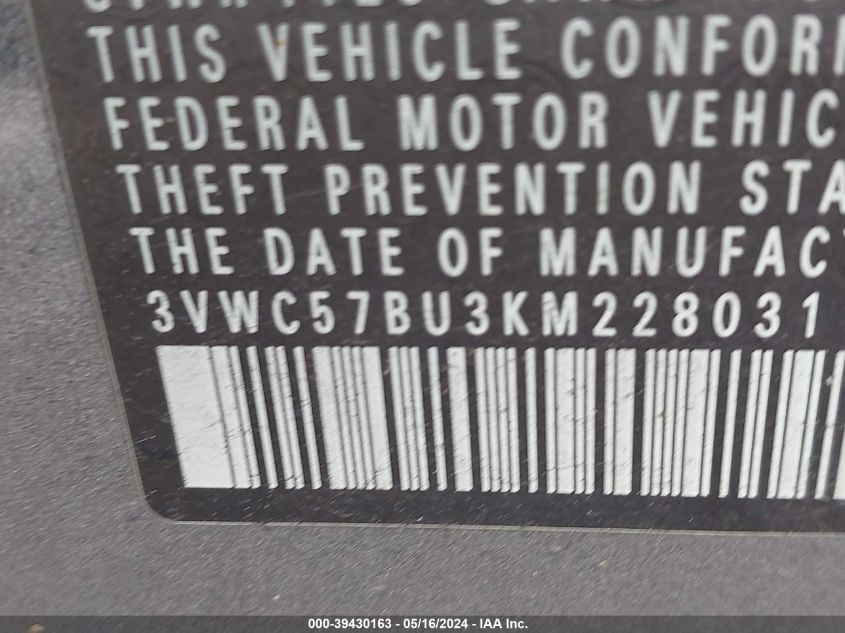 2019 Volkswagen Jetta 1.4T R-Line/1.4T S/1.4T Se VIN: 3VWC57BU3KM228031 Lot: 39430163