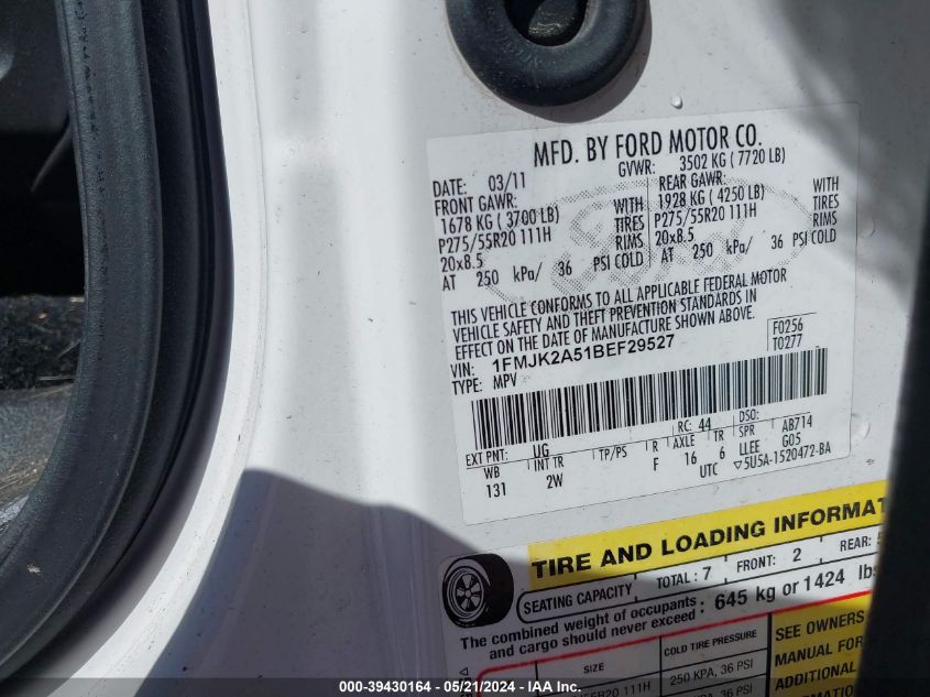 2011 Ford Expedition El Limited VIN: 1FMJK2A51BEF29527 Lot: 39430164