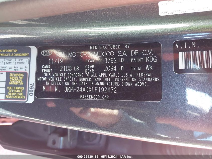 2020 Kia Forte Fe VIN: 3KPF24ADXLE192472 Lot: 39430169