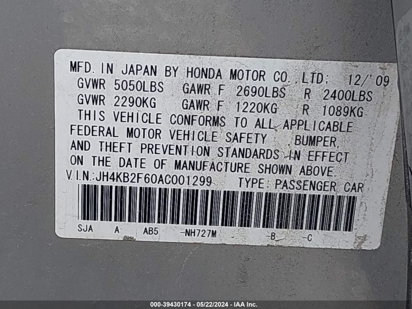 2010 Acura Rl 3.7 VIN: JH4KB2F60AC001299 Lot: 39430174