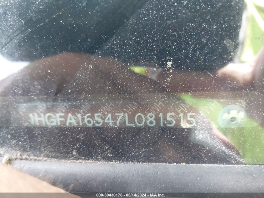 2007 Honda Civic Lx VIN: 1HGFA16547L081515 Lot: 39430175