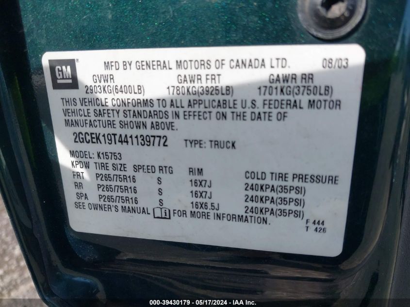 2004 Chevrolet Silverado 1500 Z71 VIN: 2GCEK19T441139772 Lot: 39430179