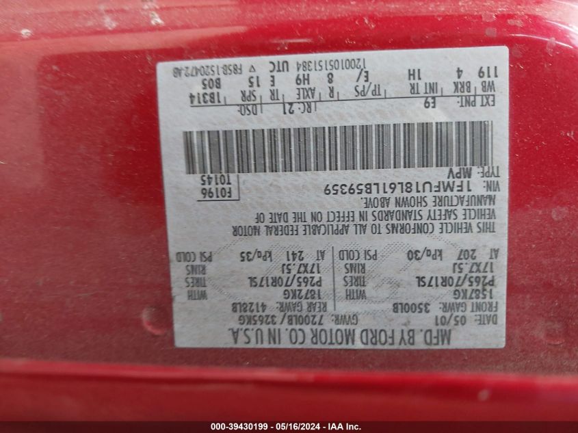 2001 Ford Expedition Eddie Bauer VIN: 1FMFU18L61LB59359 Lot: 39430199