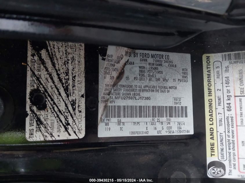 2007 Lincoln Navigator VIN: 5LMFU27597LJ17380 Lot: 39430215