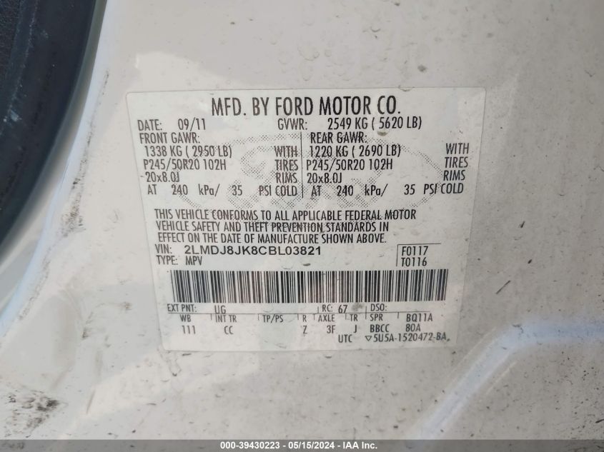 2012 Lincoln Mkx VIN: 2LMDJ8JK8CBL03821 Lot: 39430223