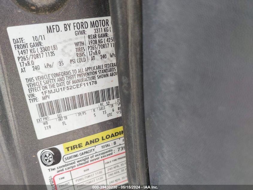 2012 Ford Expedition Xl VIN: 1FMJU1F52CEF11178 Lot: 39430230