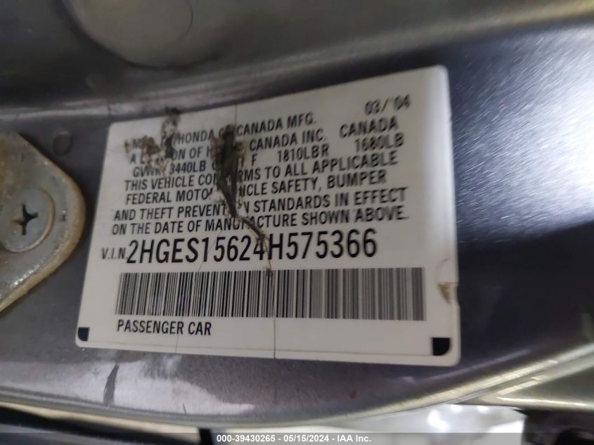 2004 Honda Civic Lx VIN: 2HGES15624H575366 Lot: 39430265