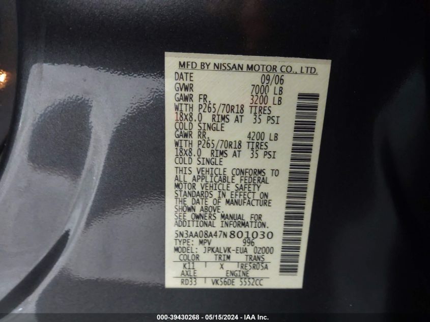 2007 Infiniti Qx56 VIN: 5N3AA08A47N801030 Lot: 39430268