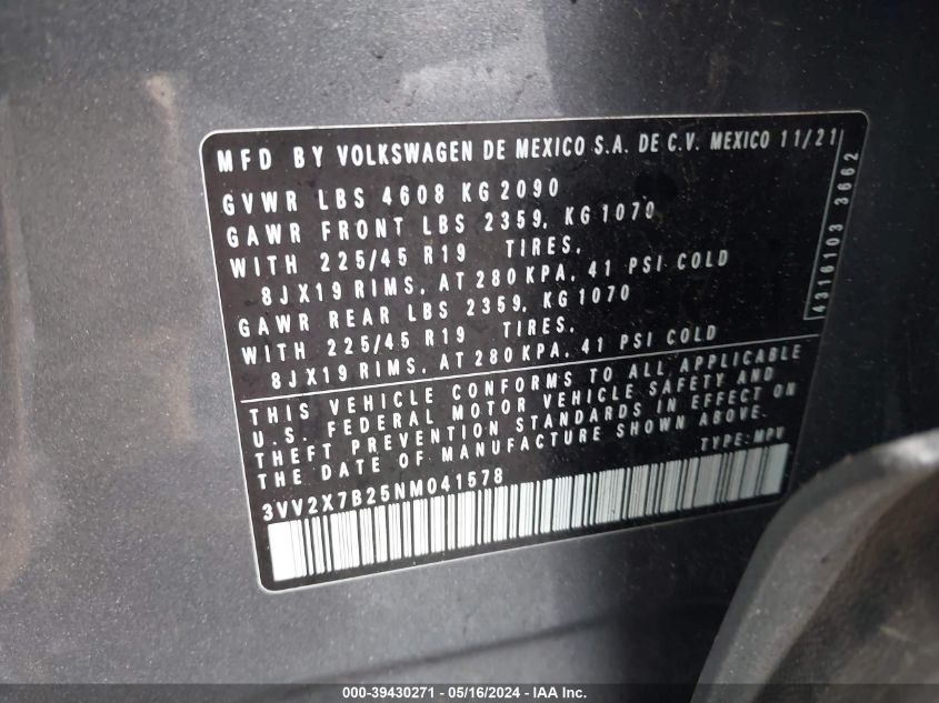 2022 Volkswagen Taos 1.5T Sel VIN: 3VV2X7B25NM041578 Lot: 39430271