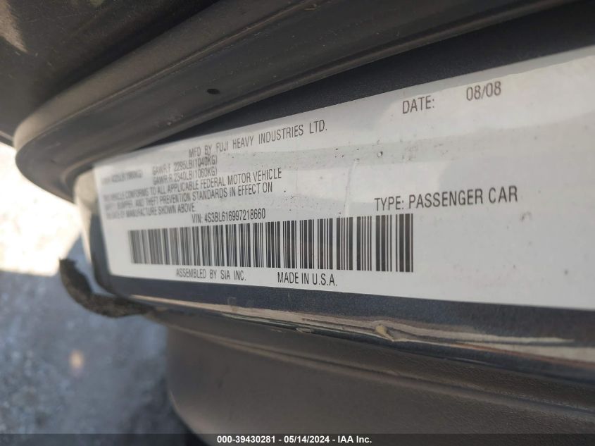 2009 Subaru Legacy 2.5I VIN: 4S3BL616997218660 Lot: 39430281