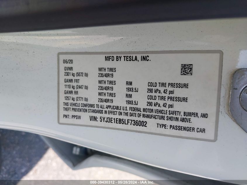 2020 Tesla Model 3 Long Range Dual Motor All-Wheel Drive VIN: 5YJ3E1EB5LF736002 Lot: 39430312