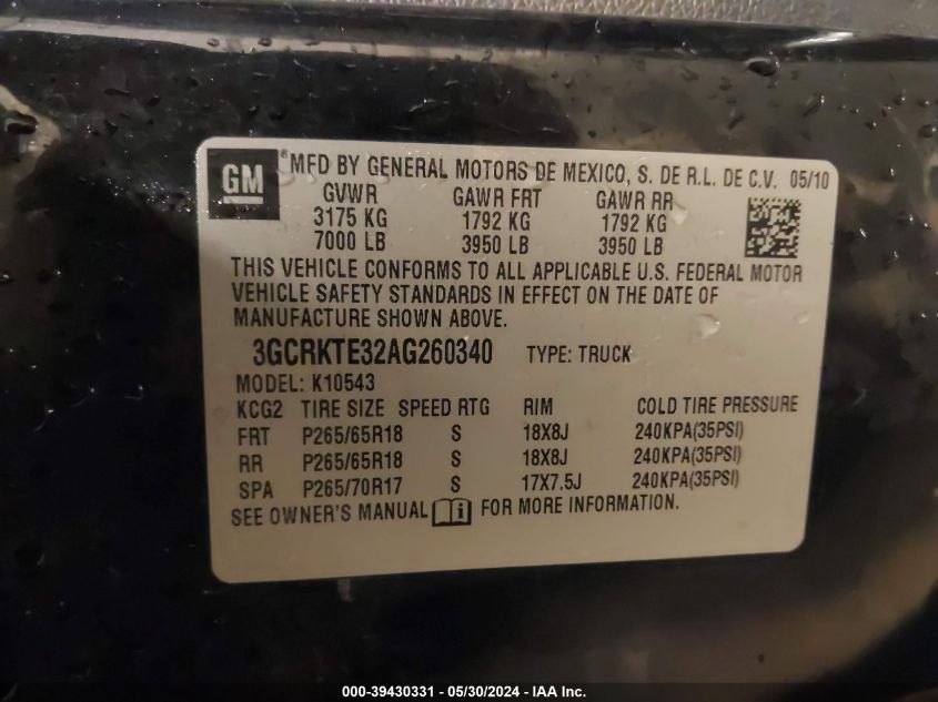 2010 Chevrolet Silverado 1500 Ltz VIN: 3GCRKTE32AG260340 Lot: 39430331