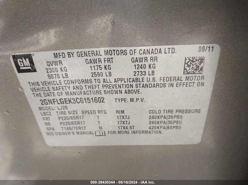 2012 Chevrolet Equinox Ltz VIN: 2GNFLGEK3C6151602 Lot: 39430344