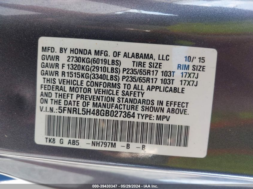 2016 Honda Odyssey Ex VIN: 5FNRL5H48GB027364 Lot: 39430347