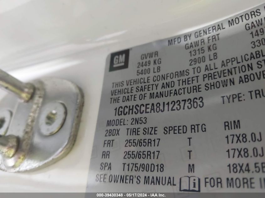 2018 Chevrolet Colorado Lt VIN: 1GCHSCEA8J1237363 Lot: 39430348