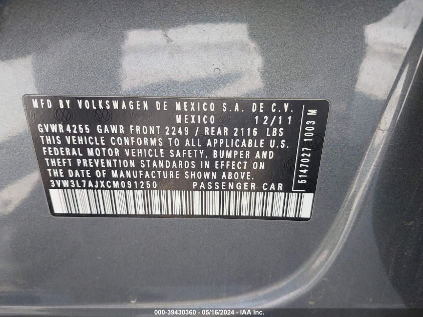 2012 Volkswagen Jetta 2.0L Tdi VIN: 3VW3L7AJXCM091250 Lot: 39430360