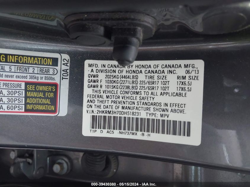 2013 Honda Cr-V Ex-L VIN: 2HKRM3H70DH518231 Lot: 39430380