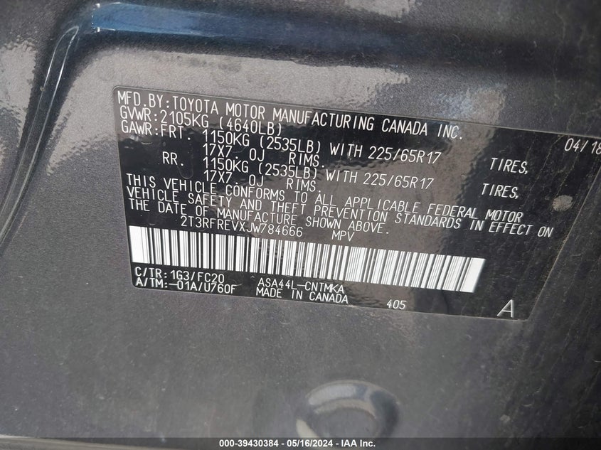 2018 TOYOTA RAV4 ADVENTURE/XLE - 2T3RFREVXJW784666