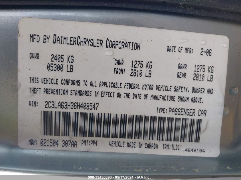 2006 Chrysler 300C VIN: 2C3LA63H36H408547 Lot: 39430390