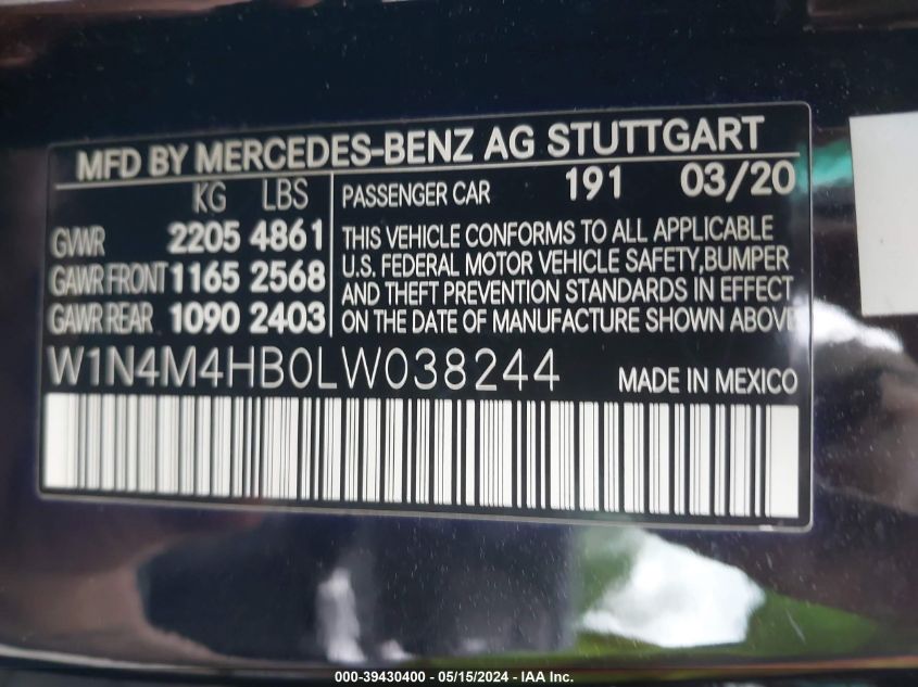 2020 Mercedes-Benz Glb 250 4Matic VIN: W1N4M4HB0LW038244 Lot: 39430400