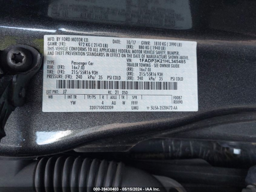 1FADT3K21HL345485 2017 Ford Focus