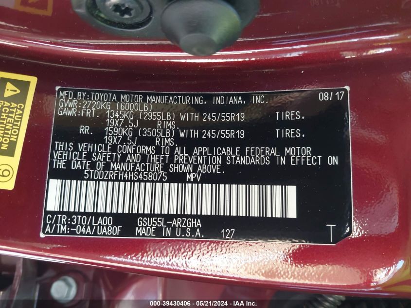 2017 Toyota Highlander Limited Platinum VIN: 5TDDZRFH4HS458075 Lot: 39430406