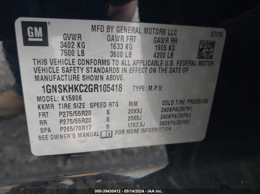 2016 Chevrolet Suburban Lt VIN: 1GNSKHKC2GR105418 Lot: 39430412