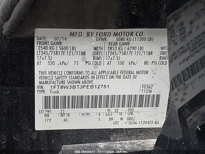 2015 Ford F-350 Xl VIN: 1FT8W3BT3FEB12751 Lot: 39430417