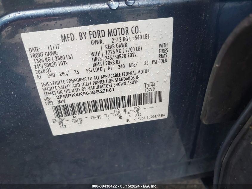 2018 Ford Edge Titanium VIN: 2FMPK4K96JBB22661 Lot: 39430422