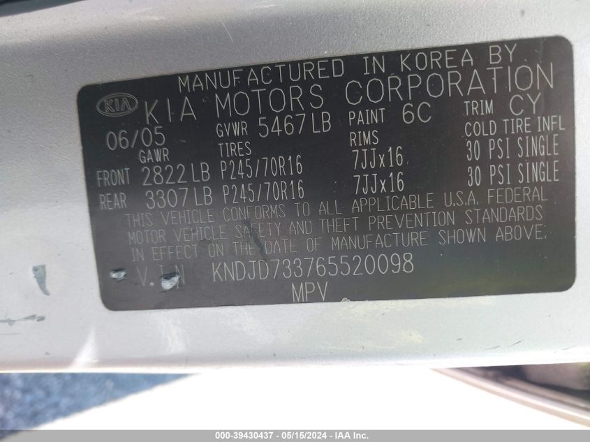 2006 Kia Sorento Ex/Lx VIN: KNDJD733765520098 Lot: 39430437