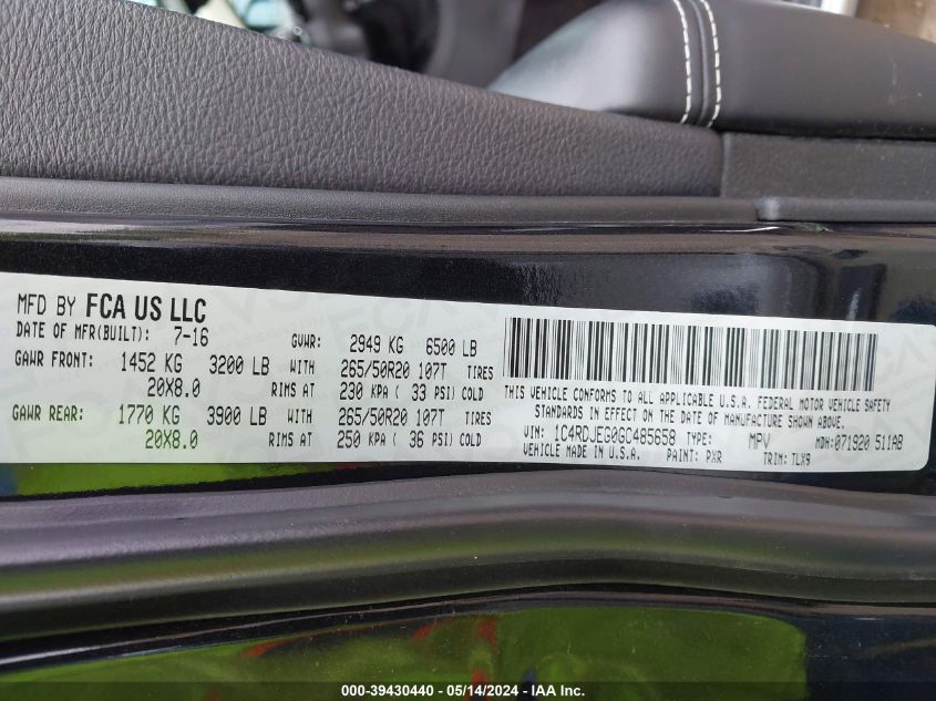 2016 Dodge Durango Citadel VIN: 1C4RDJEG0GC485658 Lot: 39430440