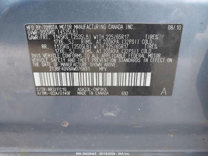 2010 Toyota Rav4 VIN: 2T3BF4DV8AW076891 Lot: 39430443