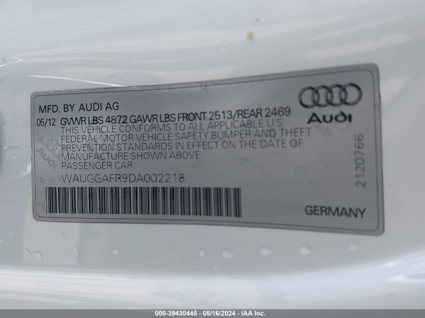 2013 Audi S5 3.0T Premium Plus VIN: WAUGGAFR9DA002218 Lot: 39430445