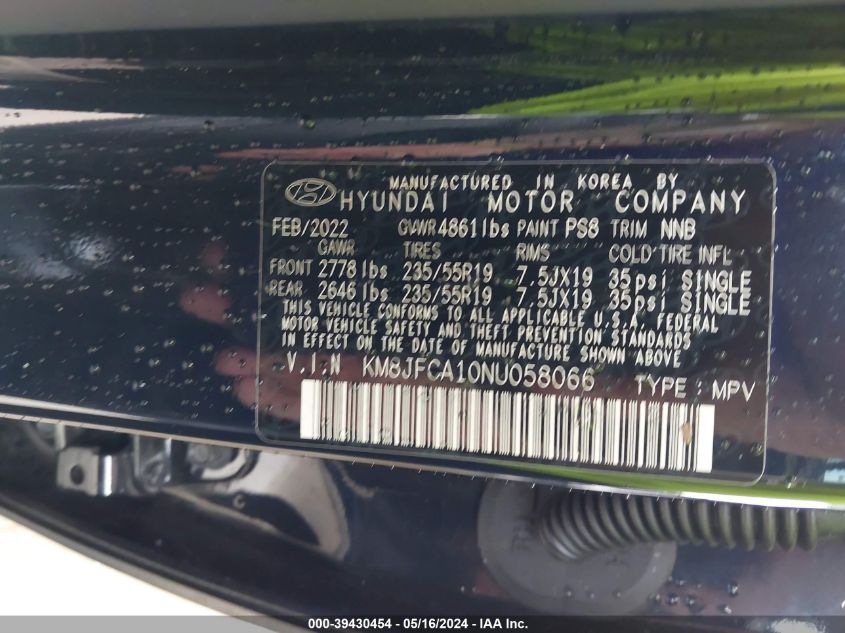 2022 Hyundai Tucson Hybrid Sel Convenience VIN: KM8JFCA10NU058066 Lot: 39430454