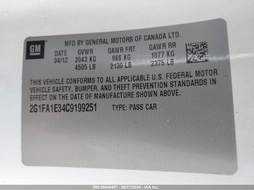 2012 Chevrolet Camaro 2Ls VIN: 2G1FA1E34C9199251 Lot: 39430457