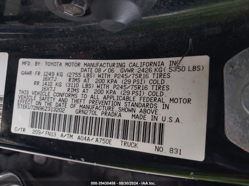 2006 Toyota Tacoma Prerunner V6 VIN: 5TEKU72N96Z313202 Lot: 39430458