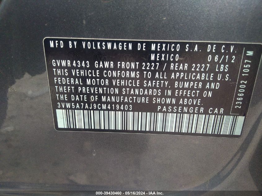 2012 Volkswagen Jetta Gli VIN: 3VW5A7AJ9CM419403 Lot: 39430460