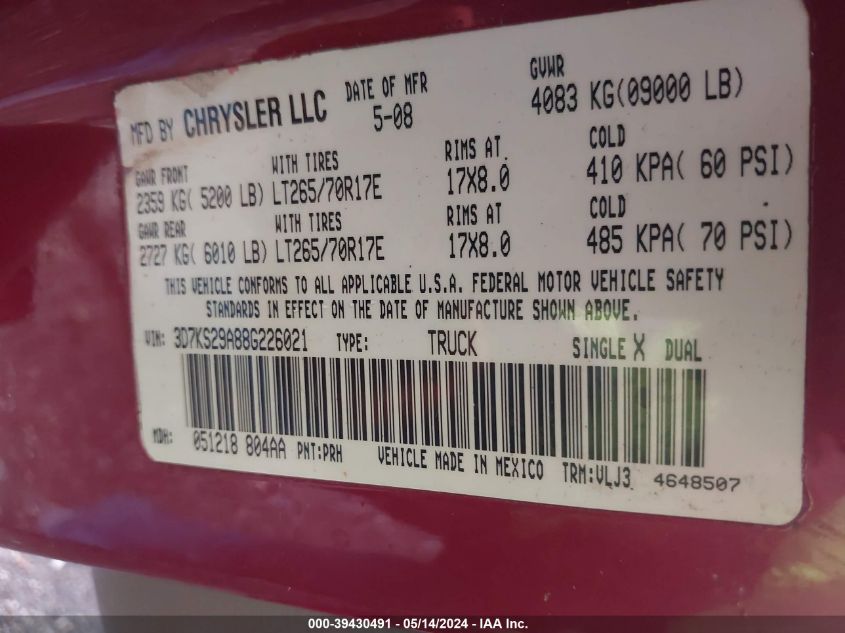 2008 Dodge Ram 2500 Laramie VIN: 3D7KS29A88G226021 Lot: 39430491